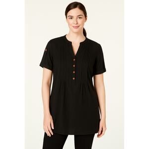 Black Pintuck Blouse with Red Buttons Women’s Size L Short Sleeve Top